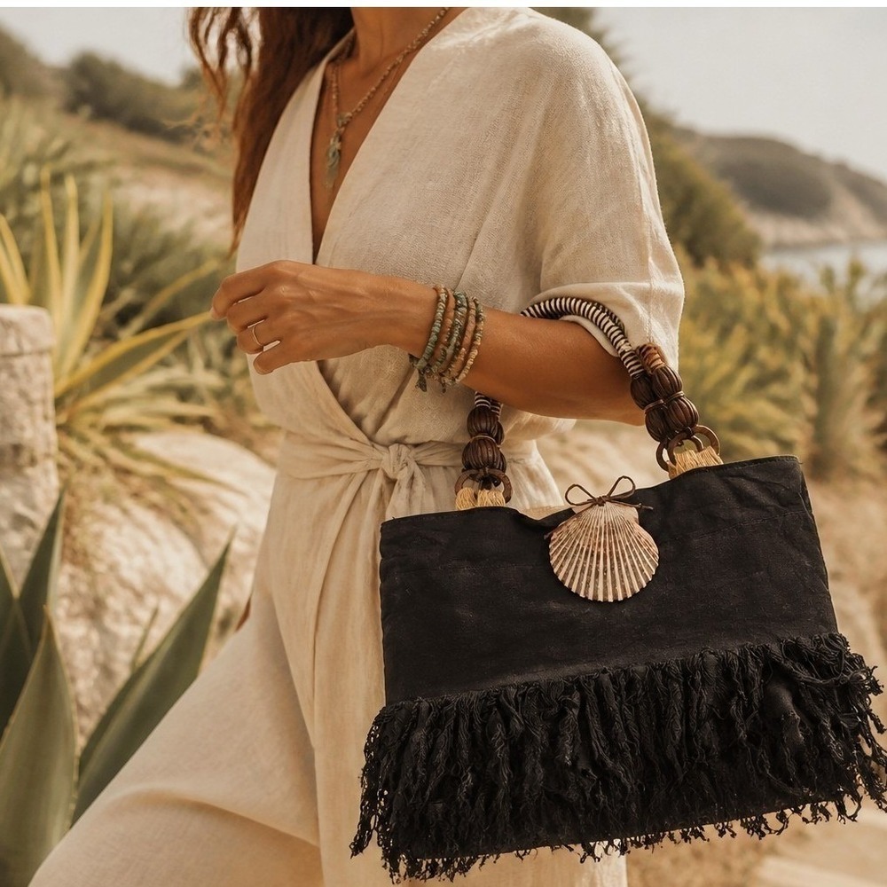 Womens‎ Large Black Cotton Tote Bag Fringe Boho Beach Handbag  Seashell Summer